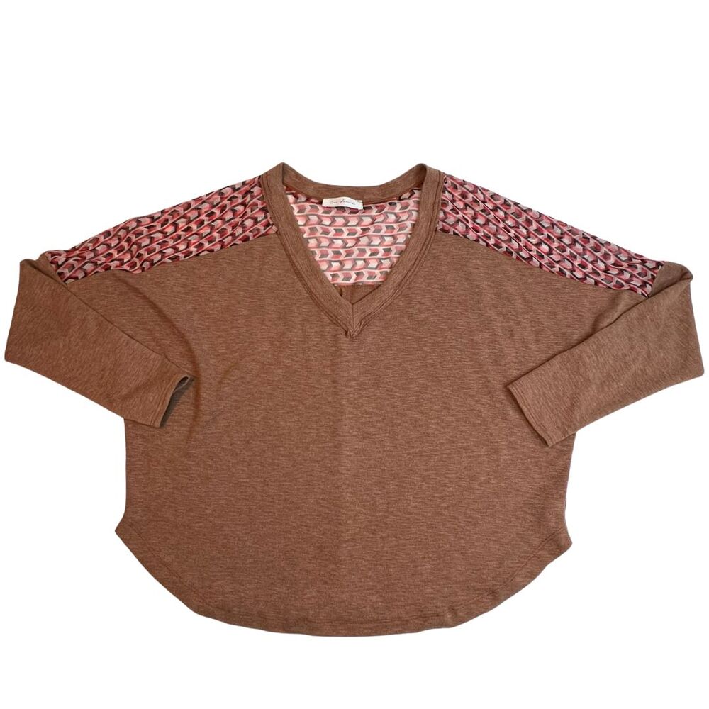 Ces Femme Blouse Womens XL Brown Red Mesh Herringbone Tribal Back V Neck Sweater